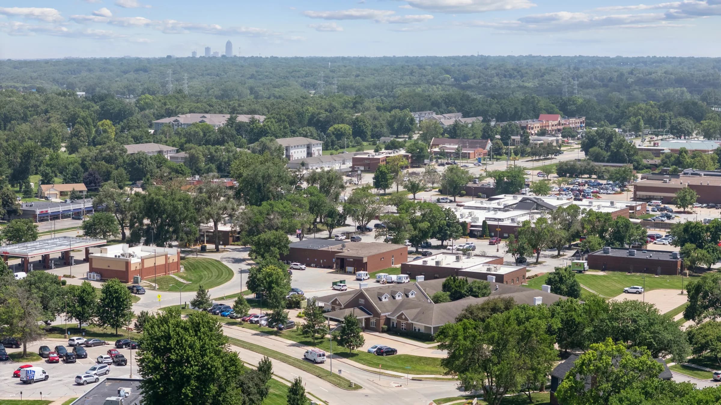 Aerial view from the facility toward the Des Moines skyline on the horizon