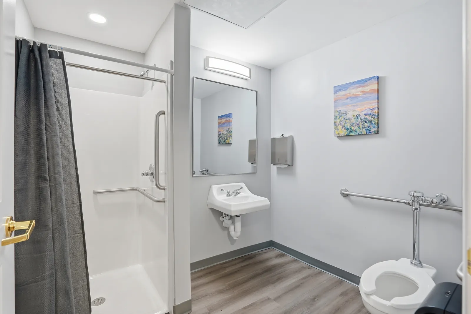 Accessible bathing, with grab bars and a roll-in shower